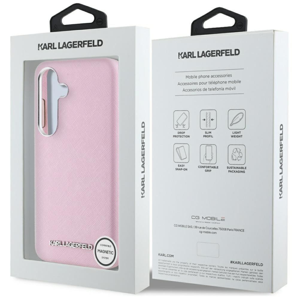 Citas preces Karl Lagerfeld Karl Lagerfeld Saffiano Full Wrapped Elongated Metal Logo MagSafe Case for Samsung Galaxy S25 - Pink