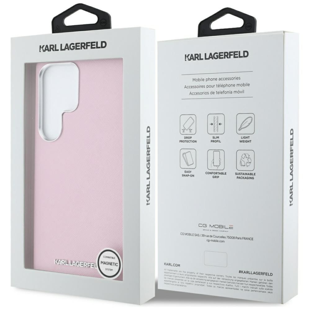 Citas preces Karl Lagerfeld Karl Lagerfeld Saffiano Full Wrapped Elongated Metal Logo MagSafe Case for Samsung Galaxy S25 Ultra - Pink