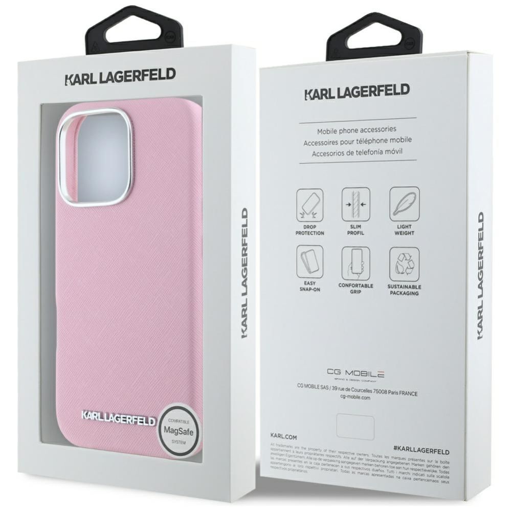 Citas preces Karl Lagerfeld Karl Lagerfeld Saffiano Full Wrapped Elongated Metal Logo MagSafe iPhone 16 Pro Max Case - Pink
