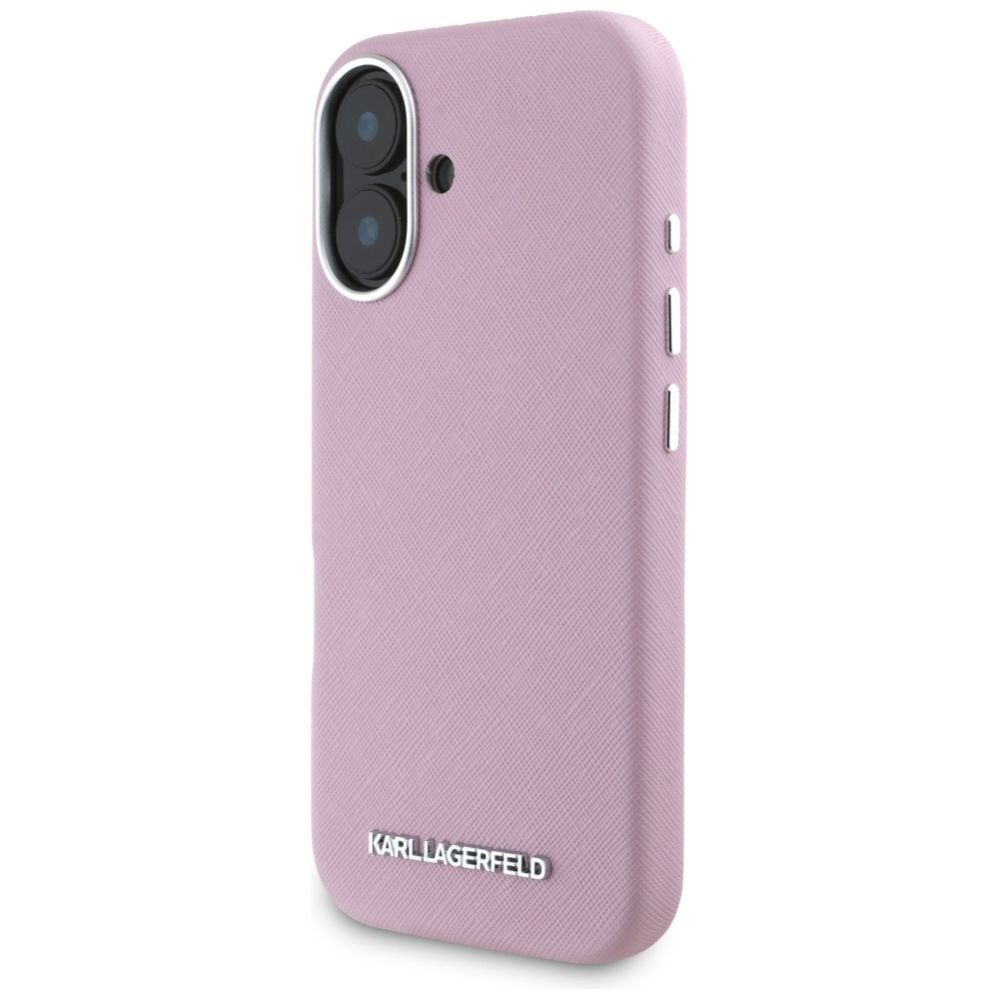 Citas preces Karl Lagerfeld Karl Lagerfeld Saffiano Full Wrapped Elongated Metal Logo MagSafe iPhone 16 Case - Pink