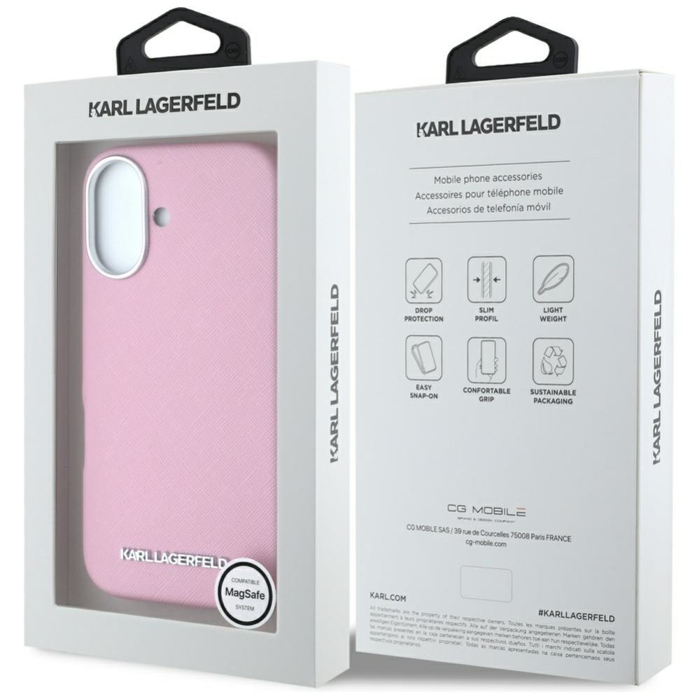 Citas preces Karl Lagerfeld Karl Lagerfeld Saffiano Full Wrapped Elongated Metal Logo MagSafe iPhone 16 Case - Pink
