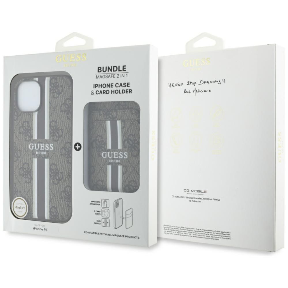 Citas preces Guess Guess 4G Stripes case with Magsafe wallet for iPhone 15 brown