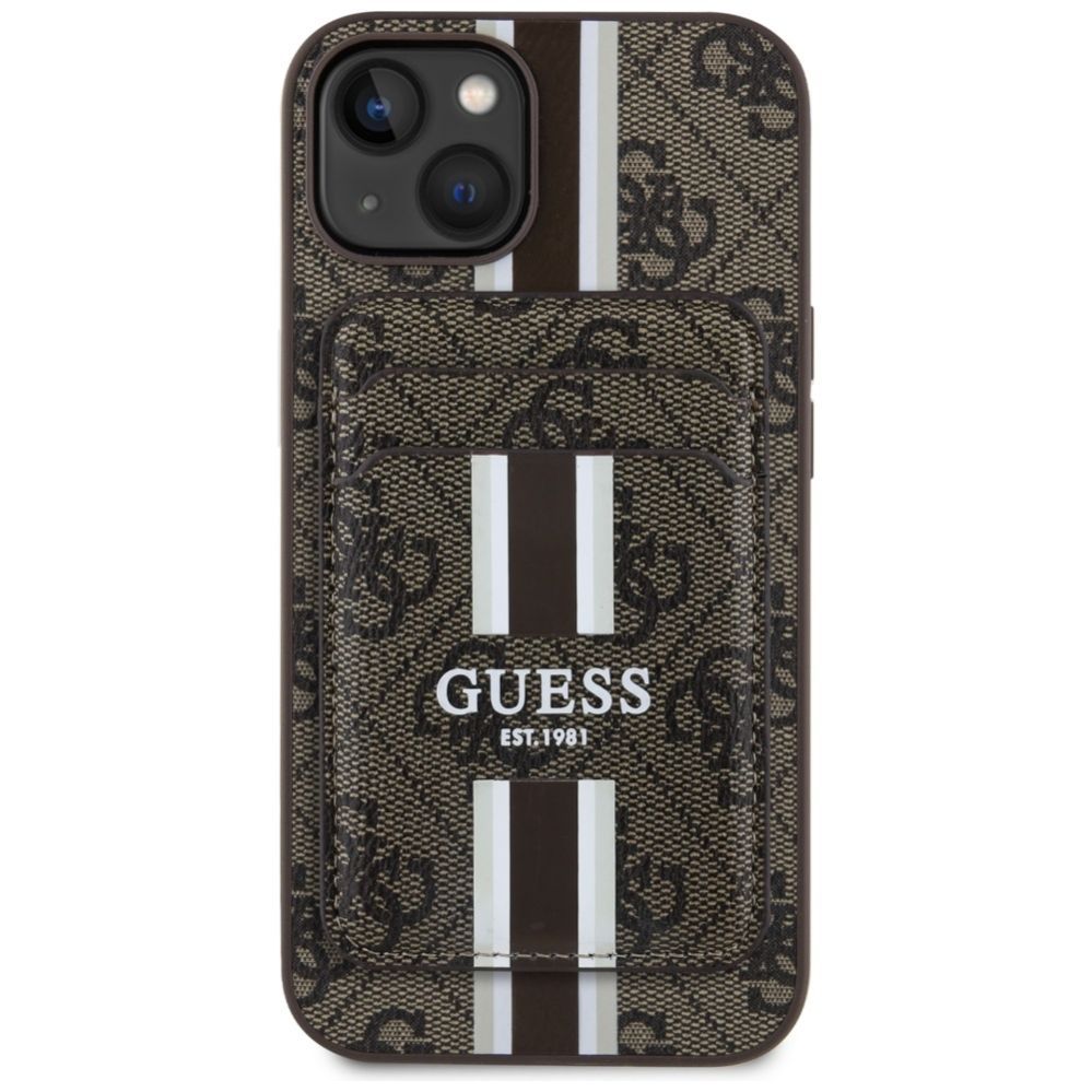 Citas preces Guess Guess 4G Stripes case with Magsafe wallet for iPhone 15 brown
