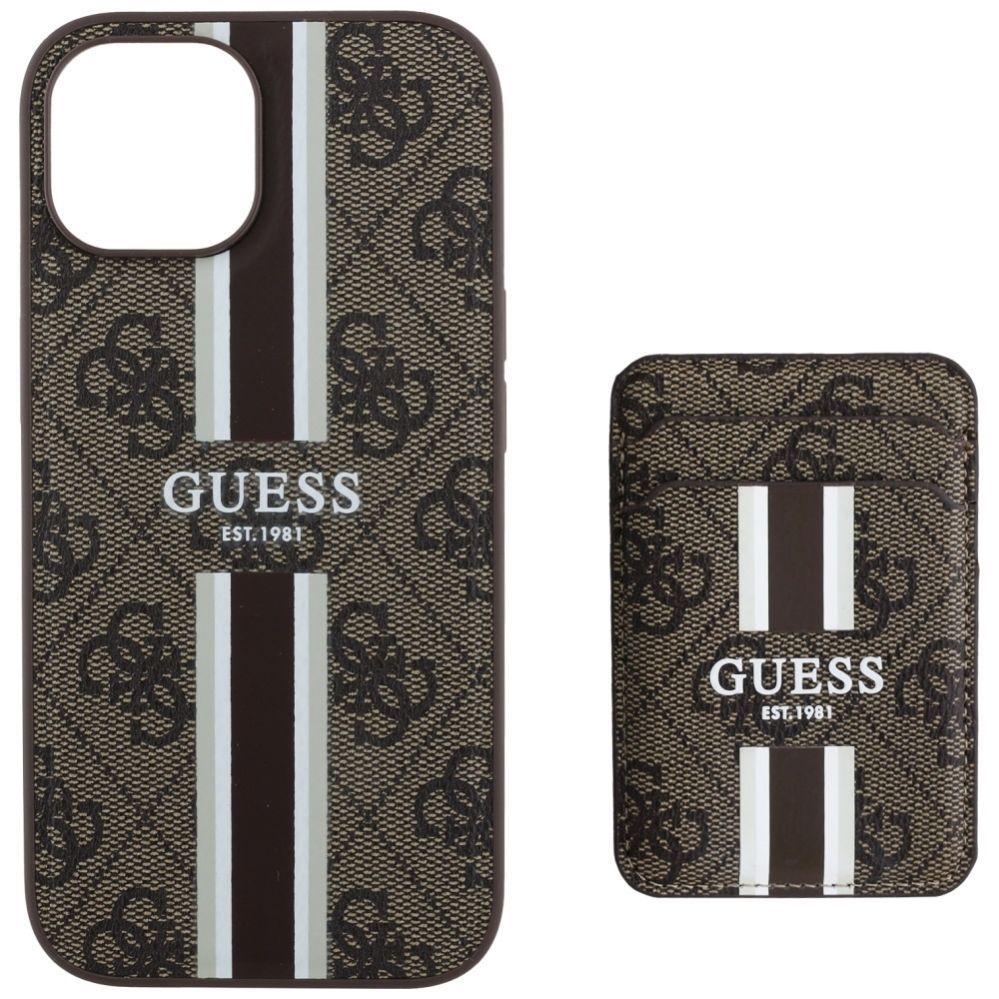 Citas preces Guess Guess 4G Stripes case with Magsafe wallet for iPhone 15 brown