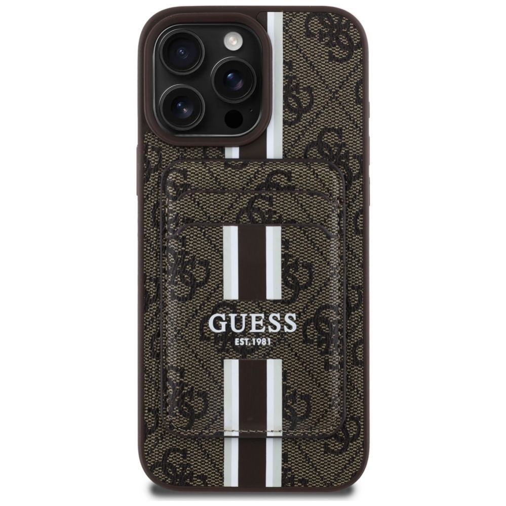 Citas preces Guess Guess 4G Stripes case with Magsafe wallet for iPhone 16 Pro Max brown