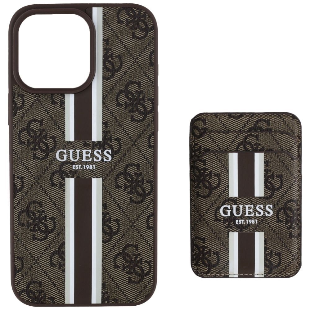 Citas preces Guess Guess 4G Stripes case with Magsafe wallet for iPhone 16 Pro Max brown