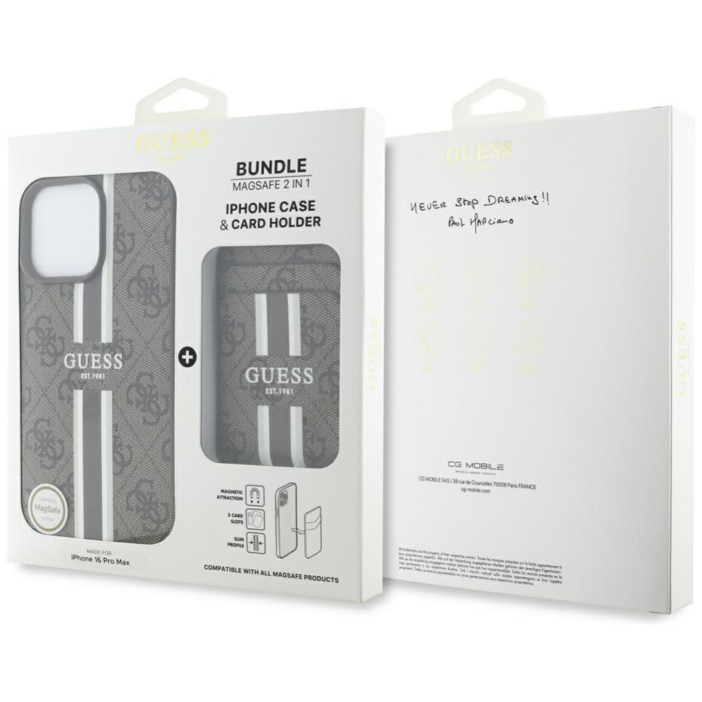 Citas preces Guess Guess 4G Stripes case with Magsafe wallet for iPhone 16 Pro Max brown