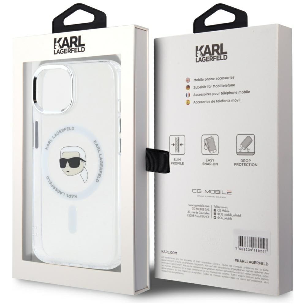 Kitos prekės Karl Lagerfeld Karl Lagerfeld IML Metal Karl Head MagSafe Case for iPhone 15 White