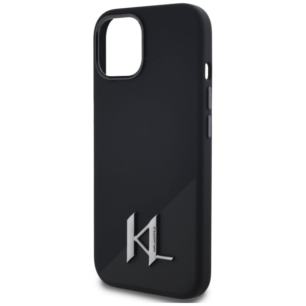 Citas preces Karl Lagerfeld Karl Lagerfeld Silicone Shadow Metal Initial MagSafe Case for iPhone 15 Black