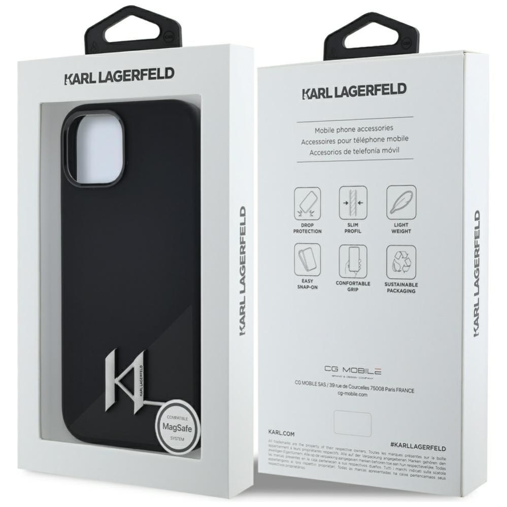 Citas preces Karl Lagerfeld Karl Lagerfeld Silicone Shadow Metal Initial MagSafe Case for iPhone 15 Black