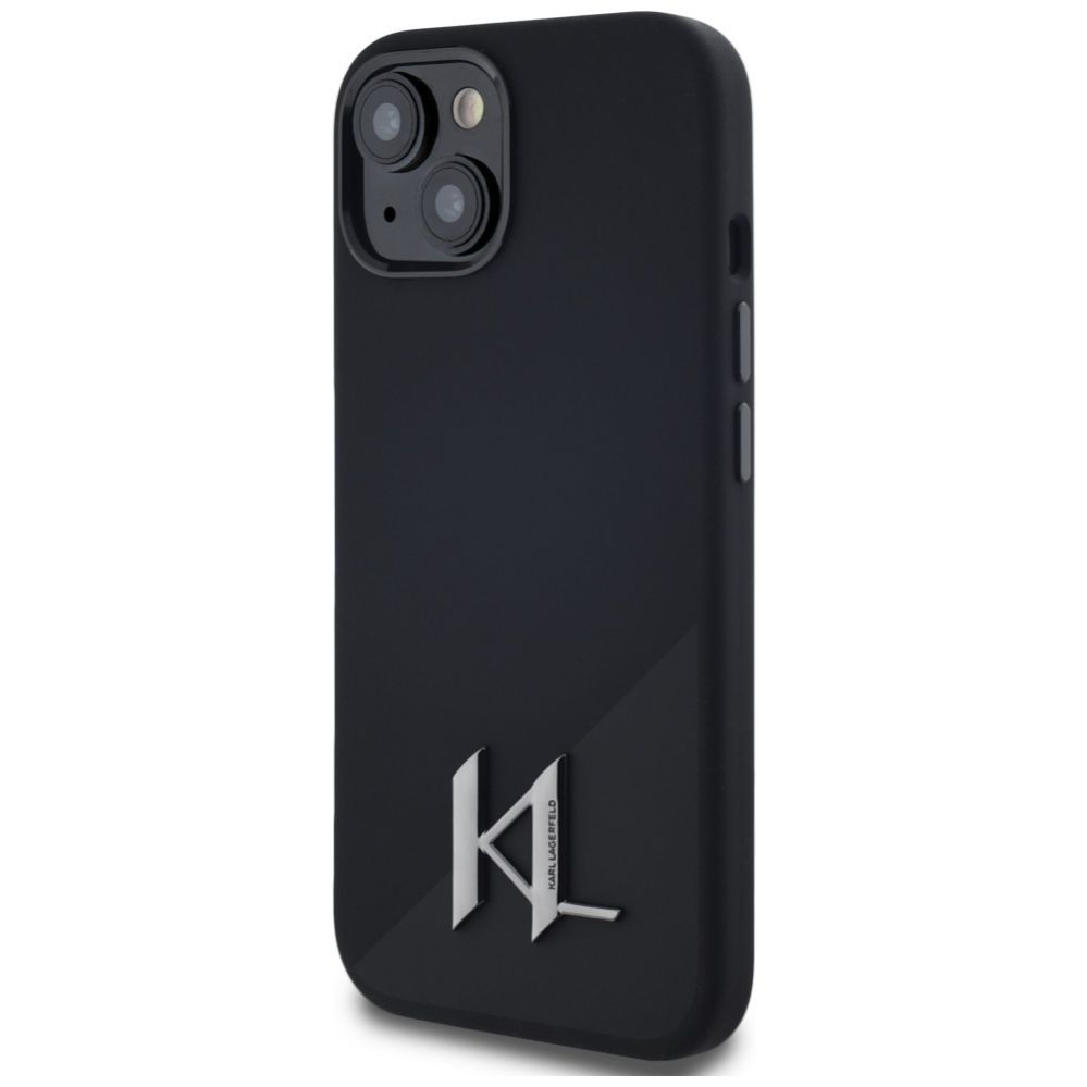 Citas preces Karl Lagerfeld Karl Lagerfeld Silicone Shadow Metal Initial MagSafe Case for iPhone 15 Black