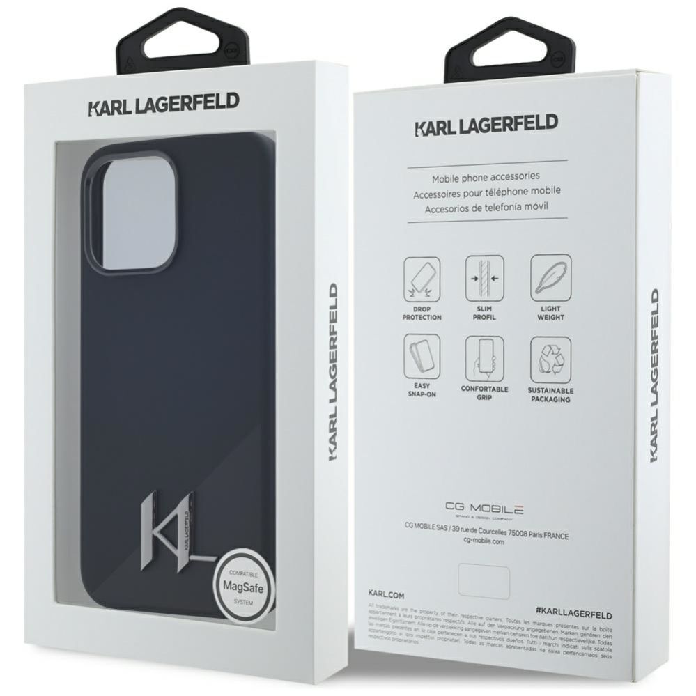 Citas preces Karl Lagerfeld Karl Lagerfeld Silicone Shadow Metal Initial MagSafe Case for iPhone 15 Pro Black