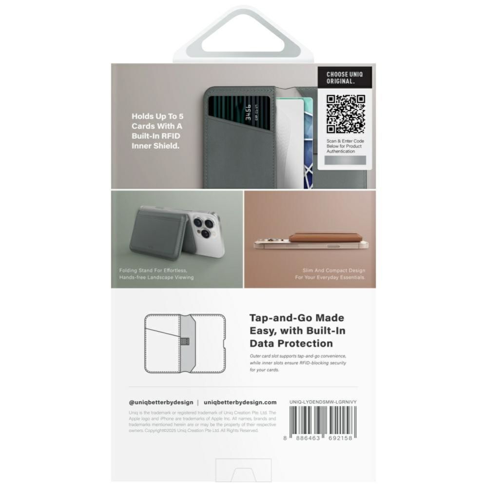 Citas preces UNIQ Uniq Lyden DS RFID Magnetic Wallet with Phone Stand - Green