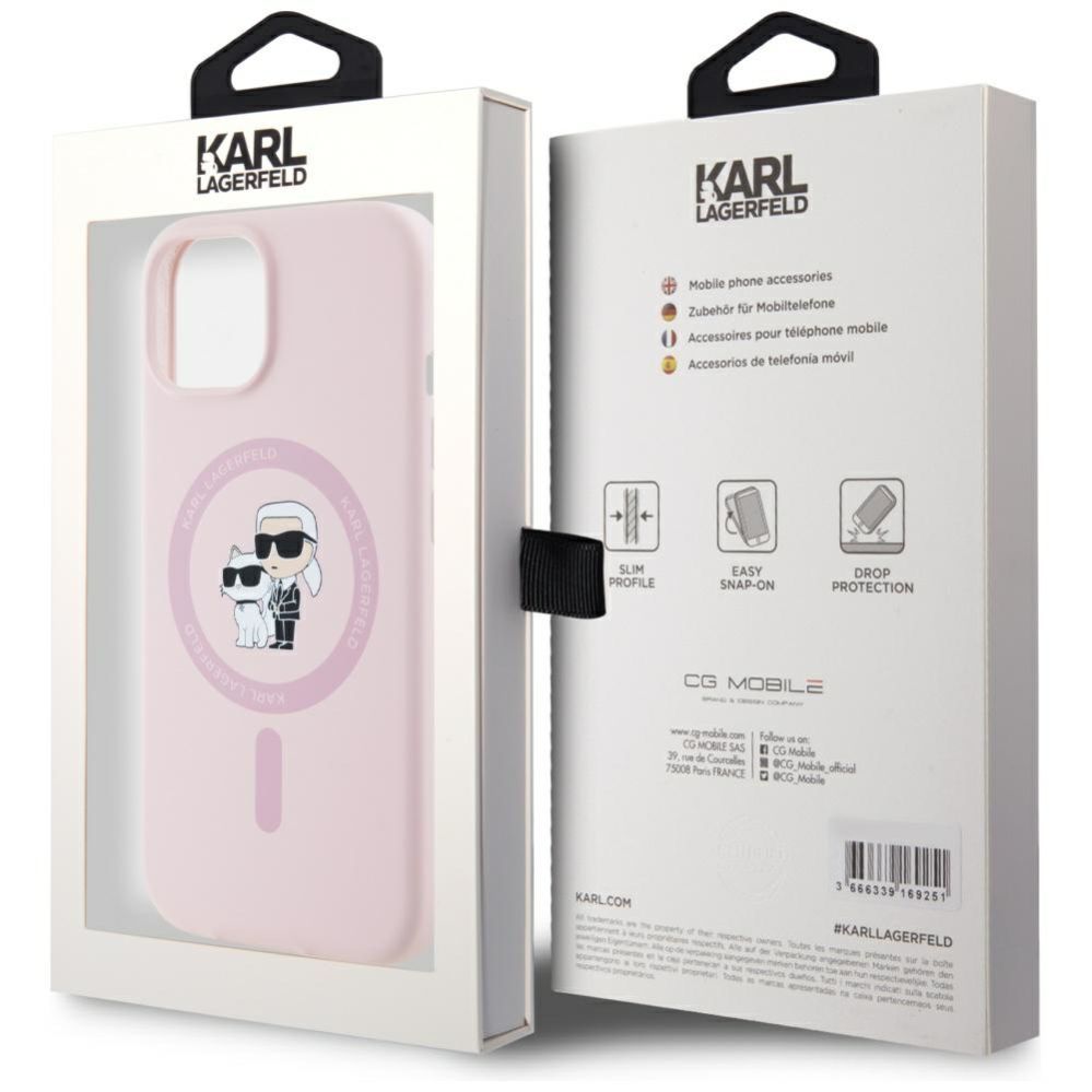 Citas preces Karl Lagerfeld Karl Lagerfeld Silicone Karl&Choupette MagSafe iPhone 15 Plus Case - Pink