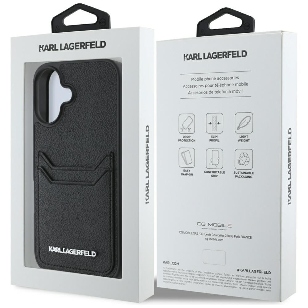 Kitos prekės Karl Lagerfeld Karl Lagerfeld HC Grained PU Cardslot Metal Elong iPhone 16 Case - Black