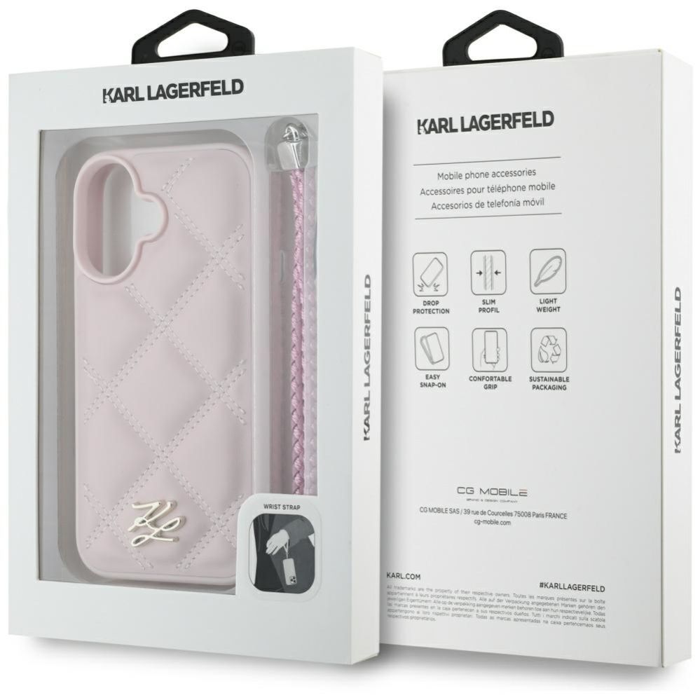 Citas preces Karl Lagerfeld Karl Lagerfeld Quilted Initial Logo & Chain Strap iPhone 16 Case - Pink