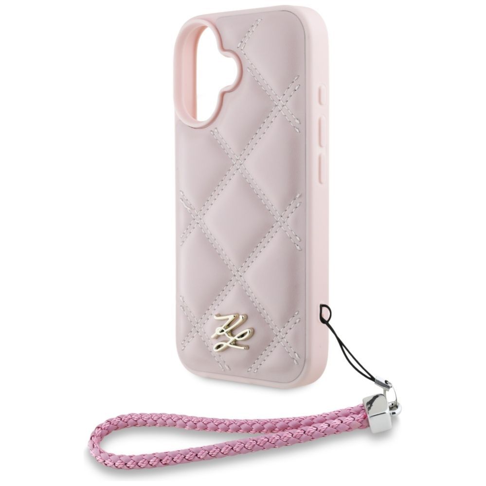 Citas preces Karl Lagerfeld Karl Lagerfeld Quilted Initial Logo & Chain Strap iPhone 16 Case - Pink