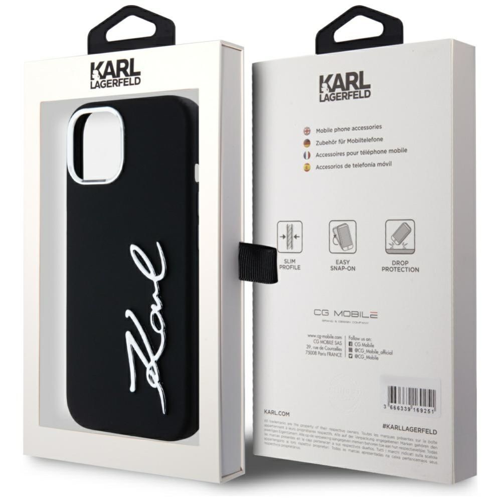 Citas preces Karl Lagerfeld Karl Lagerfeld Silicone Metal Script Logo iPhone 15 Case - Black