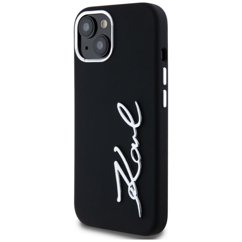 Citas preces Karl Lagerfeld Karl Lagerfeld Silicone Metal Script Logo iPhone 15 Case - Black