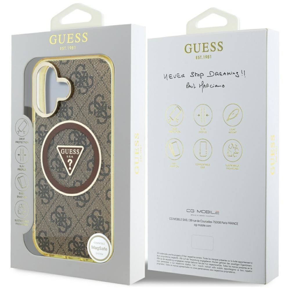 Citas preces Guess Guess IML Metal Glitter 4G Circle Triangle MagSafe Case for iPhone 16 - Brown