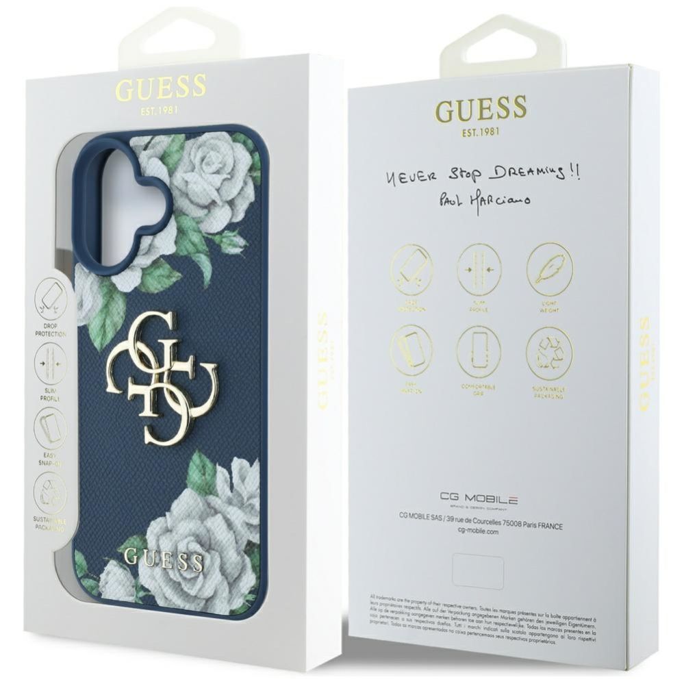 Citas preces Guess Guess Grained Roses Big 4G logo case for iPhone 16 - blue