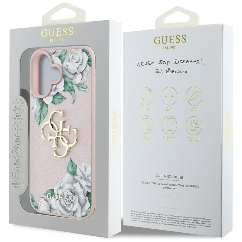 Citas preces Guess Guess Grained Roses Big 4G logo iPhone 16 case - pink
