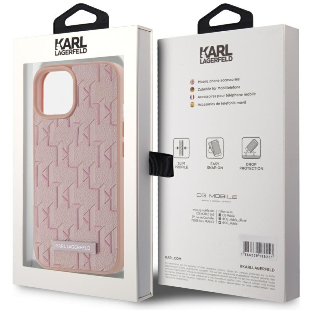 Kitos prekės Karl Lagerfeld Karl Lagerfeld Leather Monogram Metal Logo MagSafe iPhone 15 Case - Pink