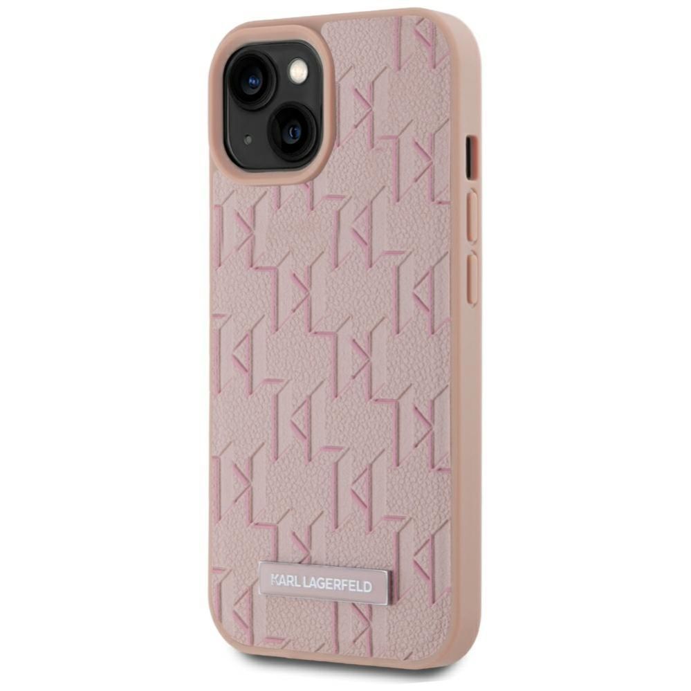 Kitos prekės Karl Lagerfeld Karl Lagerfeld Leather Monogram Metal Logo MagSafe iPhone 15 Case - Pink