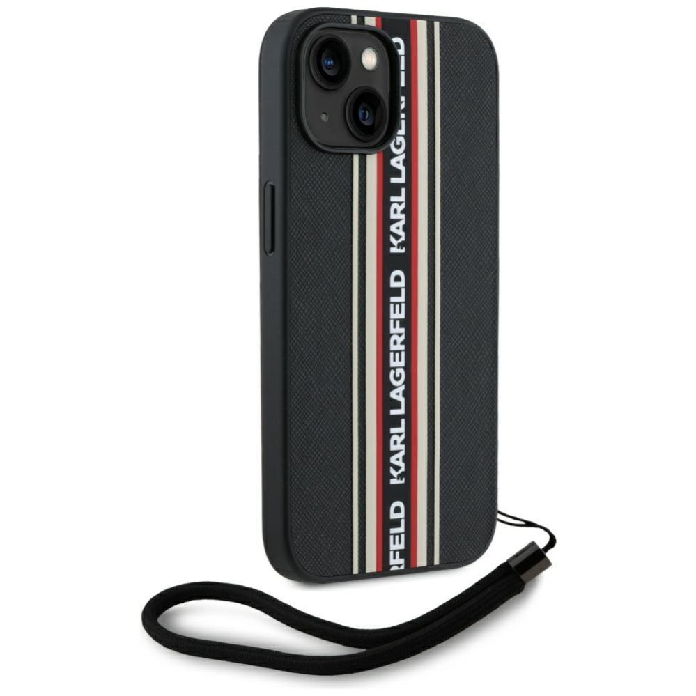 Citas preces Karl Lagerfeld Karl Lagerfeld Saffiano Athleisure Stripes Cord iPhone 15 Case - Red