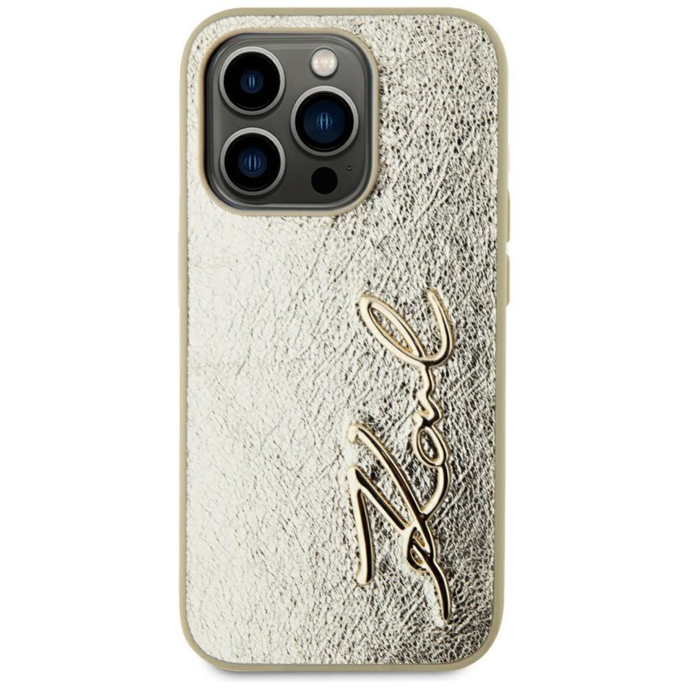 Citas preces Karl Lagerfeld Karl Lagerfeld Wrinkled Metal Signature iPhone 15 Pro Max Case - Gold