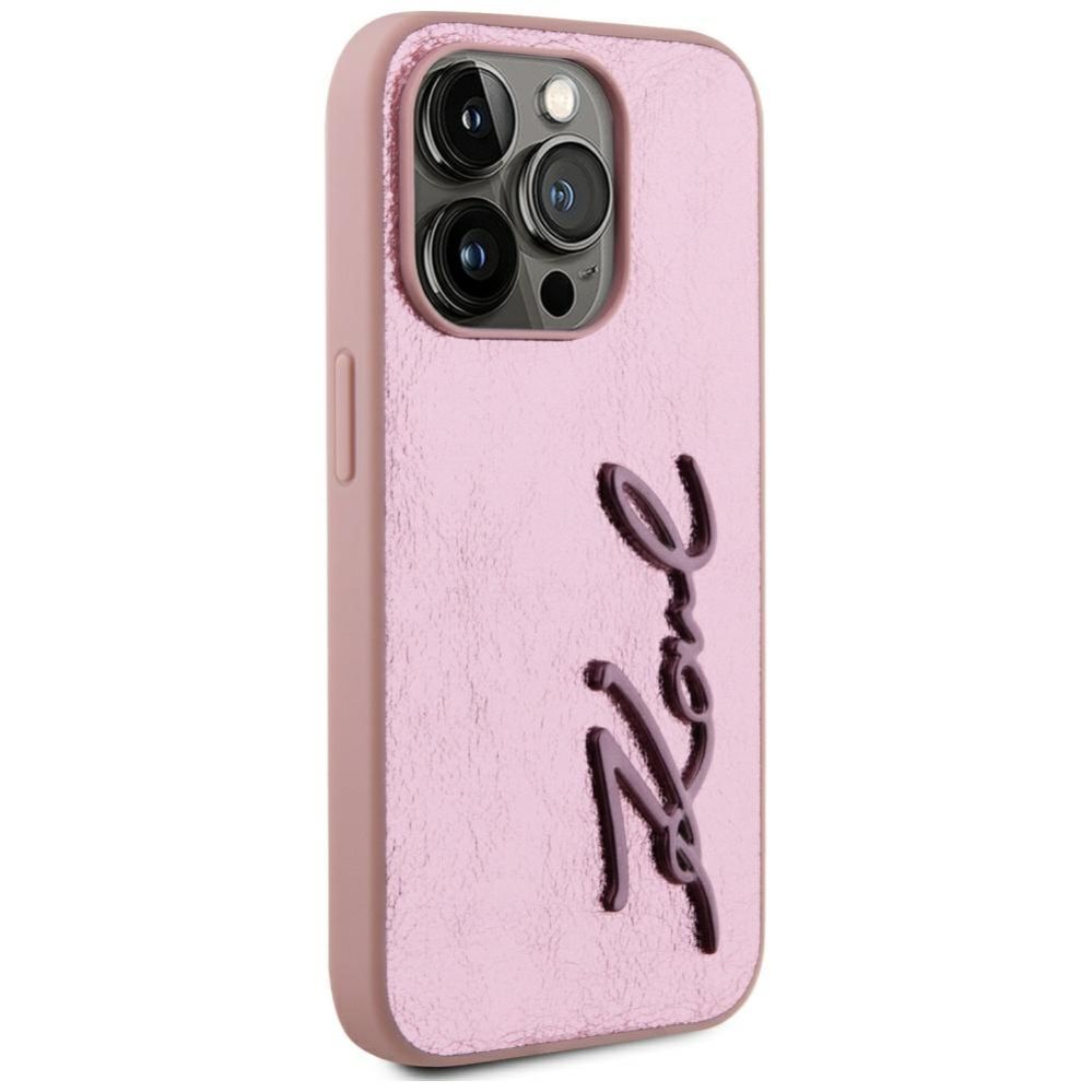 Citas preces Karl Lagerfeld Karl Lagerfeld Wrinkled Metal Signature iPhone 15 Pro Case - Pink