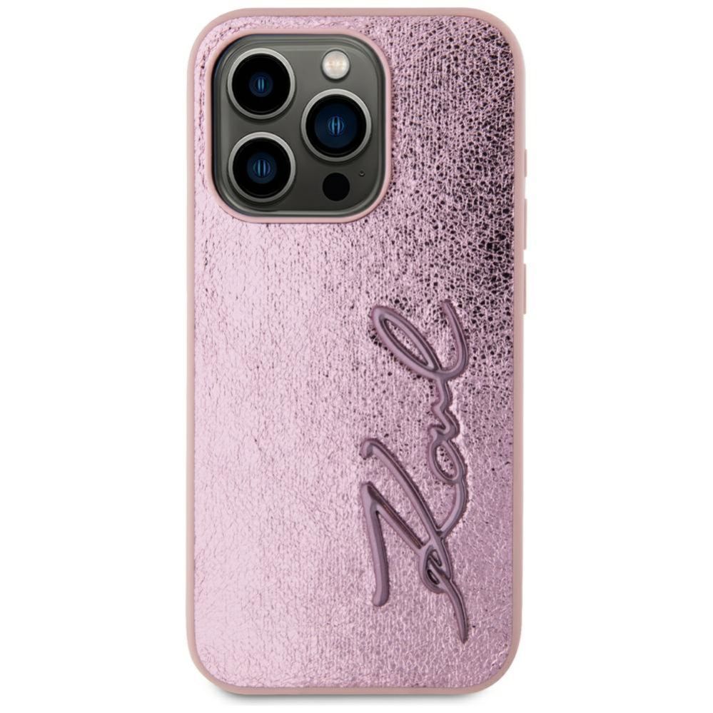 Citas preces Karl Lagerfeld Karl Lagerfeld Wrinkled Metal Signature iPhone 15 Pro Case - Pink