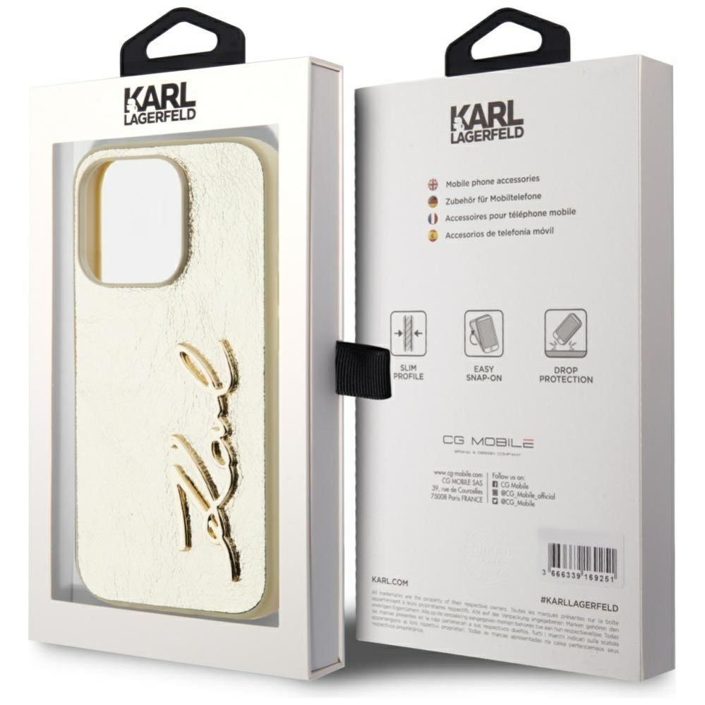 Citas preces Karl Lagerfeld Karl Lagerfeld Wrinkled Metal Signature iPhone 15 Pro Case - Gold