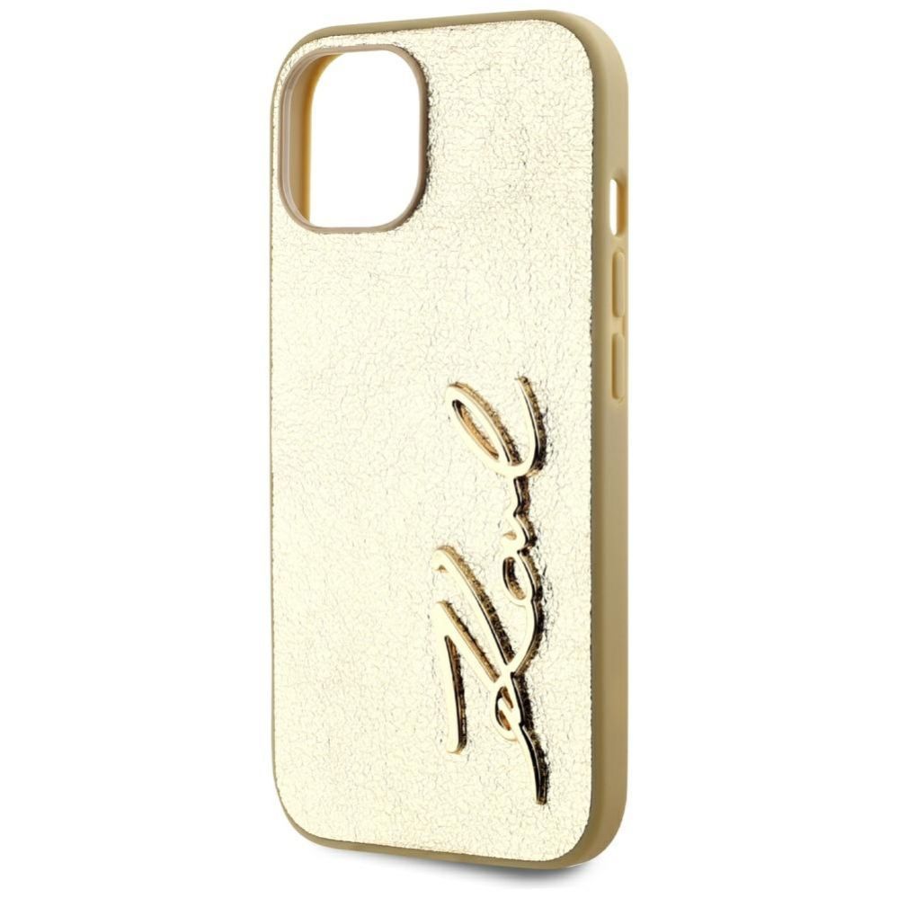 Citas preces Karl Lagerfeld Karl Lagerfeld Wrinkled Metal Signature iPhone 15 Case - Gold