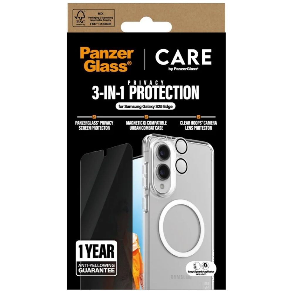 Citas preces Panzer Glass CARE by PanzerGlass Flagship 3in1 Case + Privacy Glass + Lens for Samsung Galaxy S25 Edge - transparent