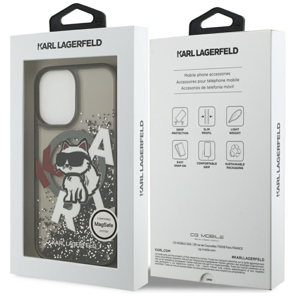 Citas preces Karl Lagerfeld Karl Lagerfeld Liquid Glitter Choupette Logo MagSafe iPhone 17 Case - Black