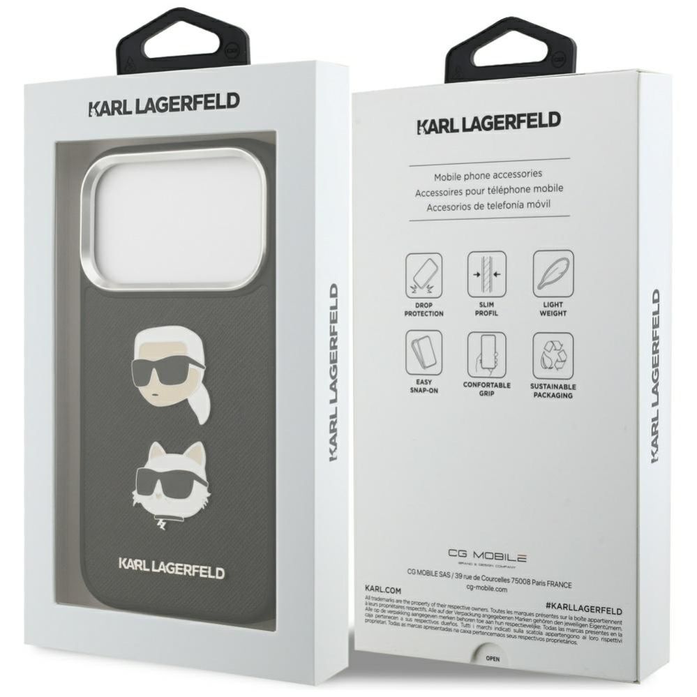 Kitos prekės Karl Lagerfeld Karl Lagerfeld FW Grained Karl & Choupette Heads Pins & Logo iPhone 17 Pro Case - Black