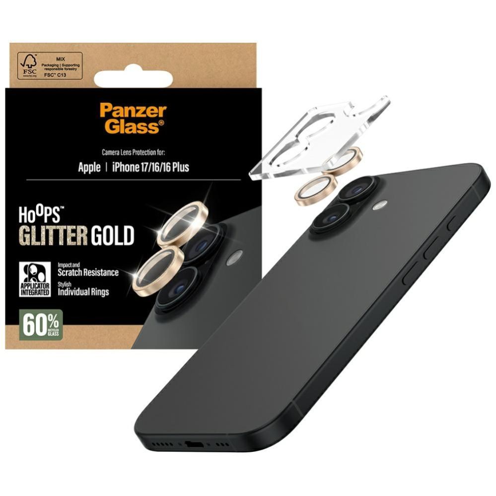 Citas preces Panzer Glass PanzerGlass Hoops Glitter Tempered Glass Lens Screen Protector for iPhone 17 / 16 / 16 Plus - Gold