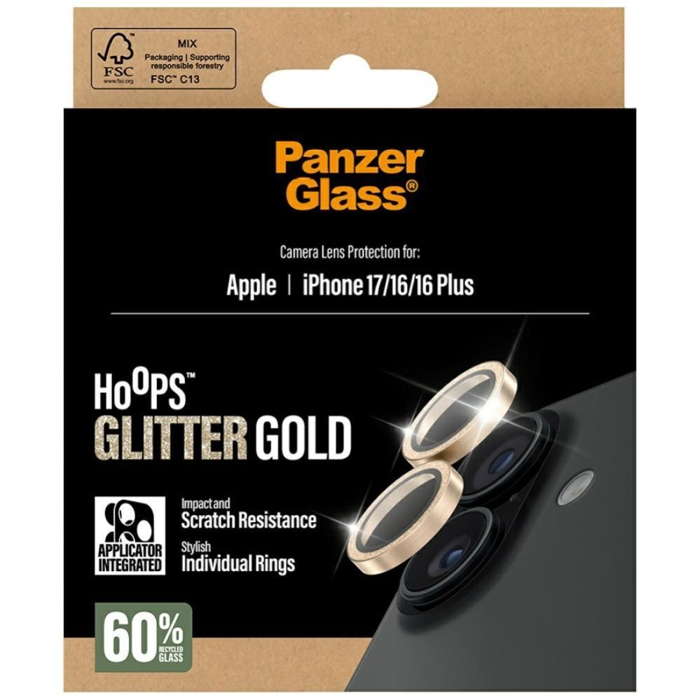Citas preces Panzer Glass PanzerGlass Hoops Glitter Tempered Glass Lens Screen Protector for iPhone 17 / 16 / 16 Plus - Gold