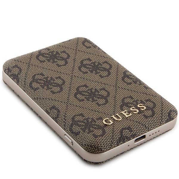 Citas preces Guess Guess Powerbank inductive 15W GUPB5FP4EMGW 5000mAh brown/brown 4G Leather Metal Logo MagSafe