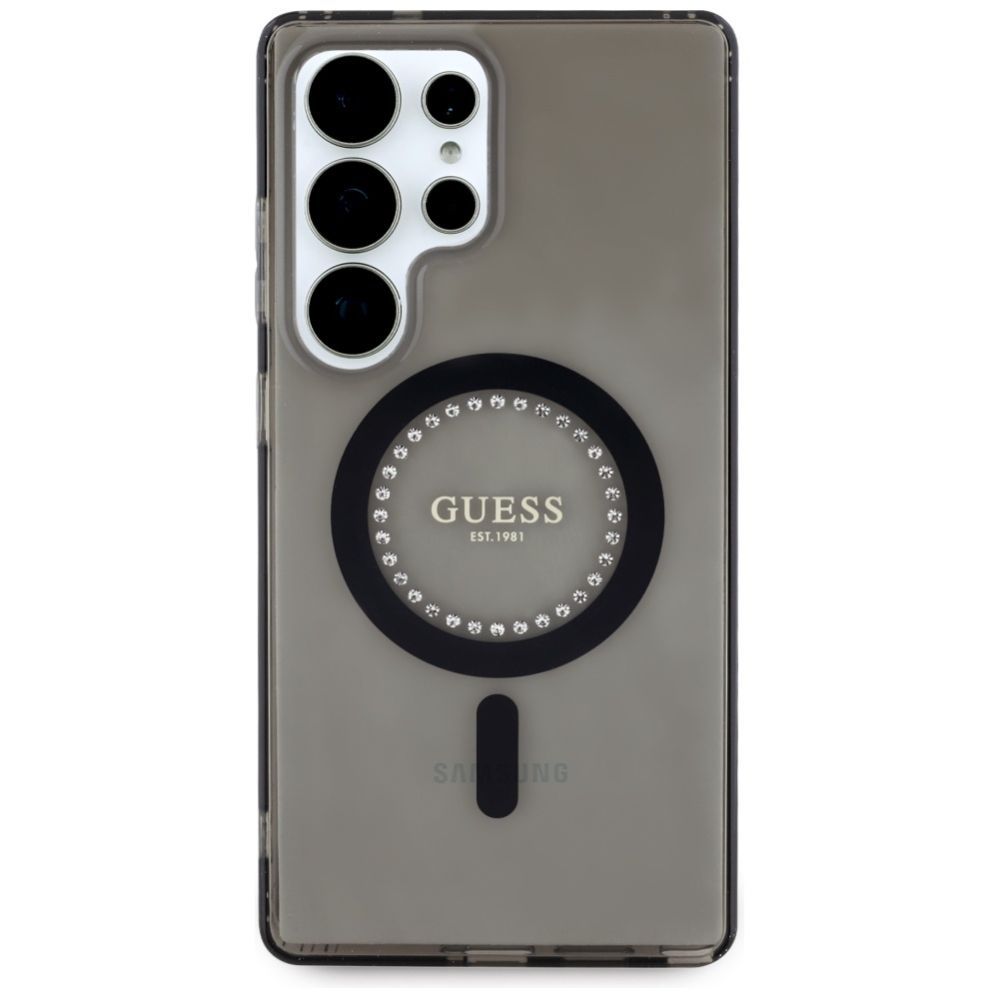 Citas preces Guess Guess Rhinestones Printed Classic Logo MagSafe Samsung Galaxy S25 Ultra case black