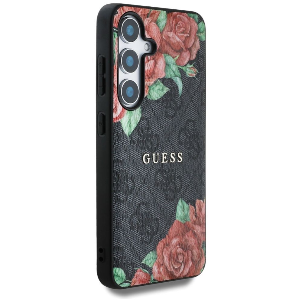 Citas preces Guess Guess Leather 4G Flowers Print Metal Classic Logo MagSafe Case for Samsung Galaxy S25 - Black