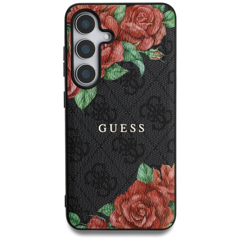 Citas preces Guess Guess Leather 4G Flowers Print Metal Classic Logo MagSafe Case for Samsung Galaxy S25 - Black