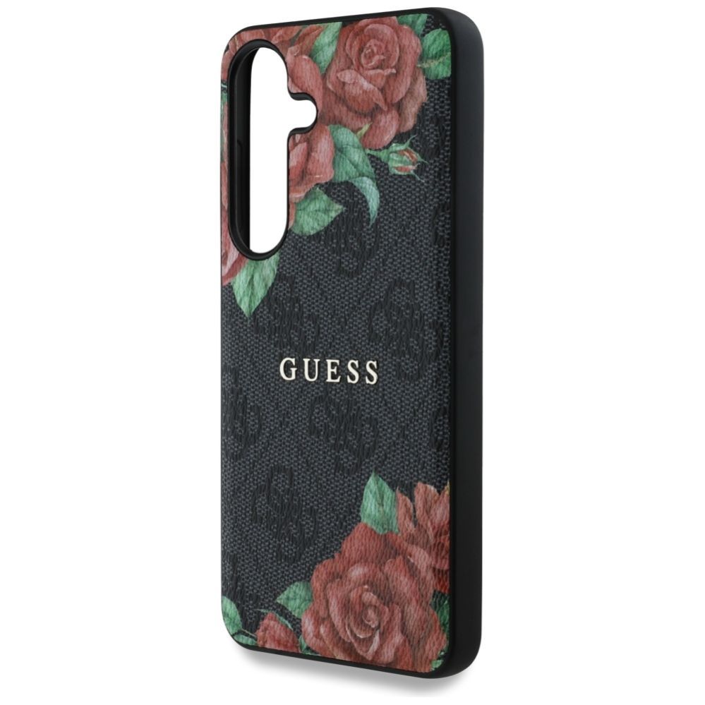 Citas preces Guess Guess Leather 4G Flowers Print Metal Classic Logo MagSafe Case for Samsung Galaxy S25 - Black