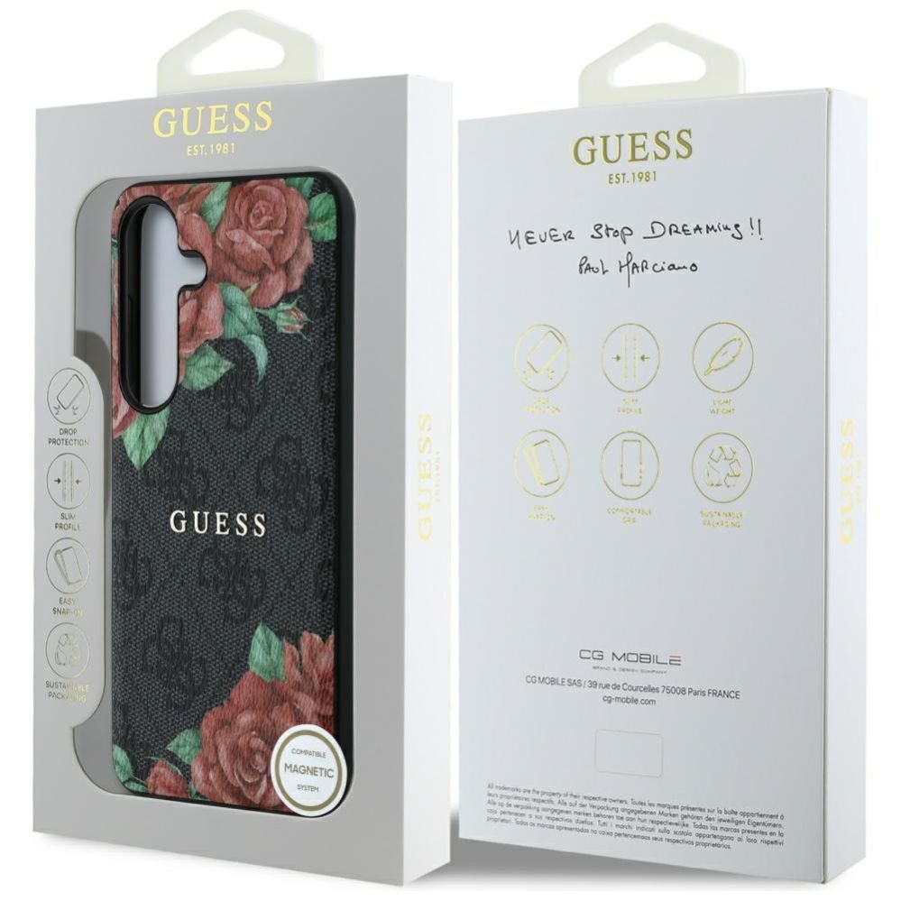 Citas preces Guess Guess Leather 4G Flowers Print Metal Classic Logo MagSafe Case for Samsung Galaxy S25 - Black