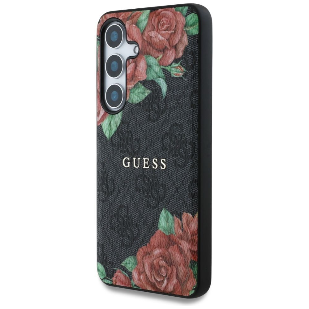 Citas preces Guess Guess Leather 4G Flowers Print Metal Classic Logo MagSafe Case for Samsung Galaxy S25 - Black