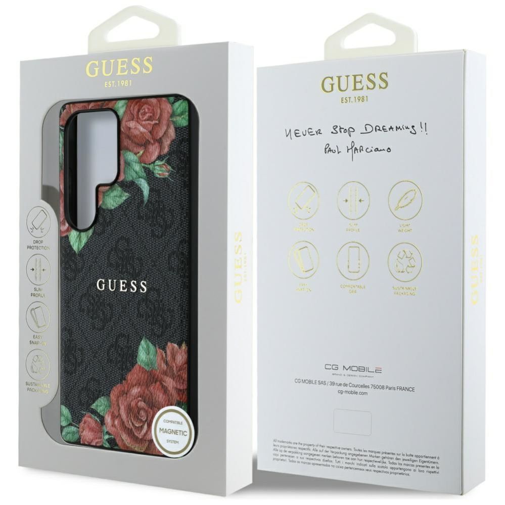 Citas preces Guess Guess Leather 4G Flowers Print Metal Classic Logo MagSafe Case for Samsung Galaxy S25 Ultra - Black