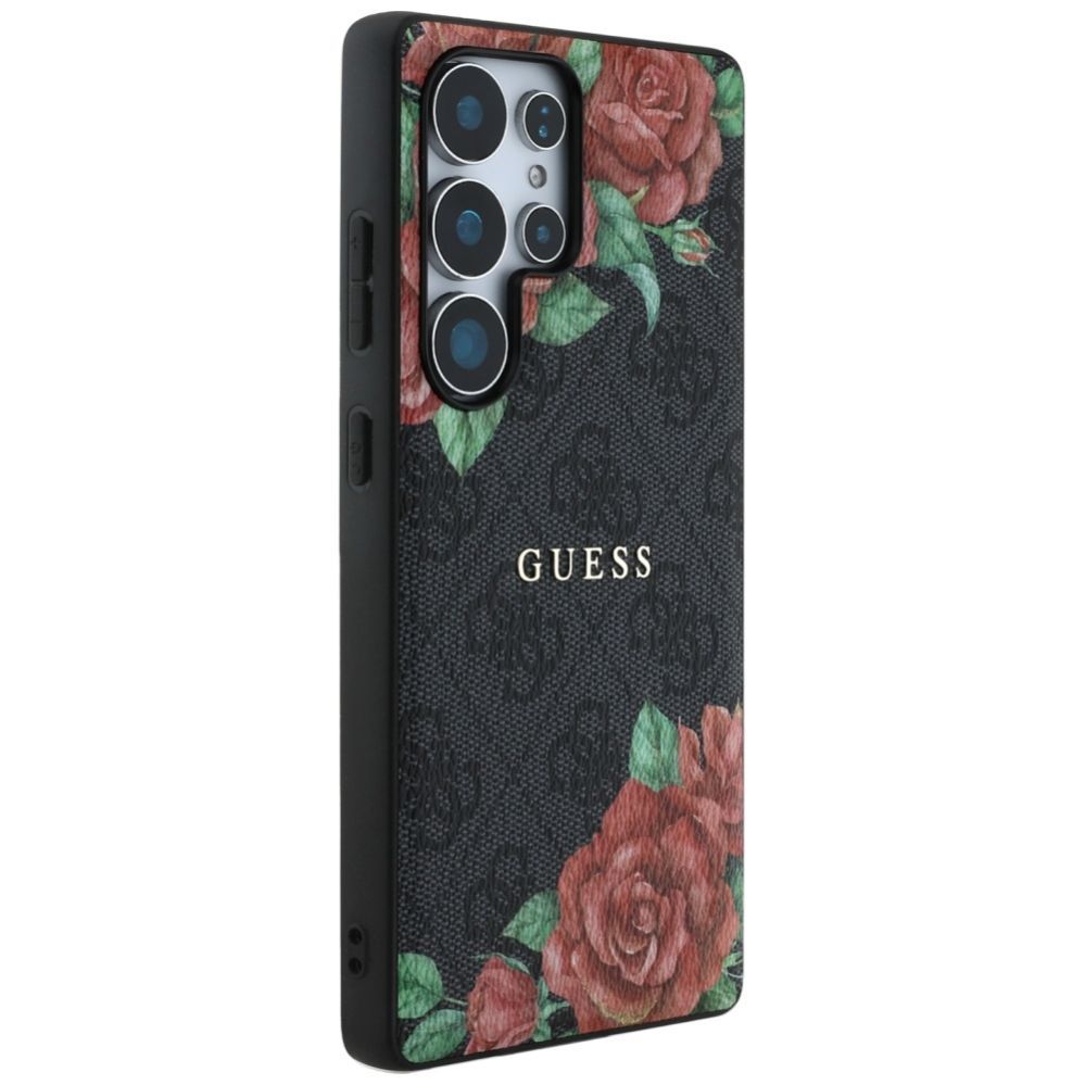 Citas preces Guess Guess Leather 4G Flowers Print Metal Classic Logo MagSafe Case for Samsung Galaxy S25 Ultra - Black