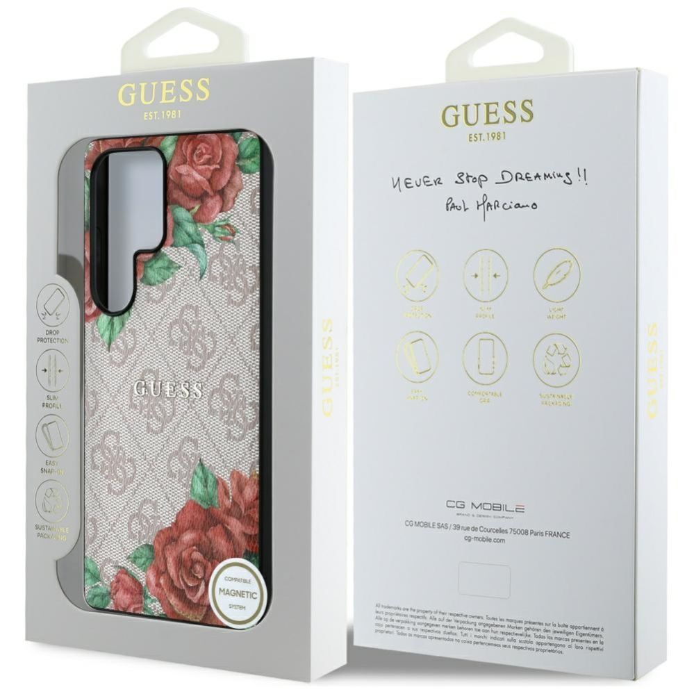 Citas preces Guess Guess Leather 4G Flowers Print Metal Classic Logo MagSafe Case for Samsung Galaxy S25 Ultra - Pink