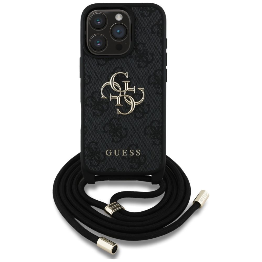 Citas preces Guess Guess 4G Big Logo Cord Stap Crossbody Case for iPhone 16 Pro Black